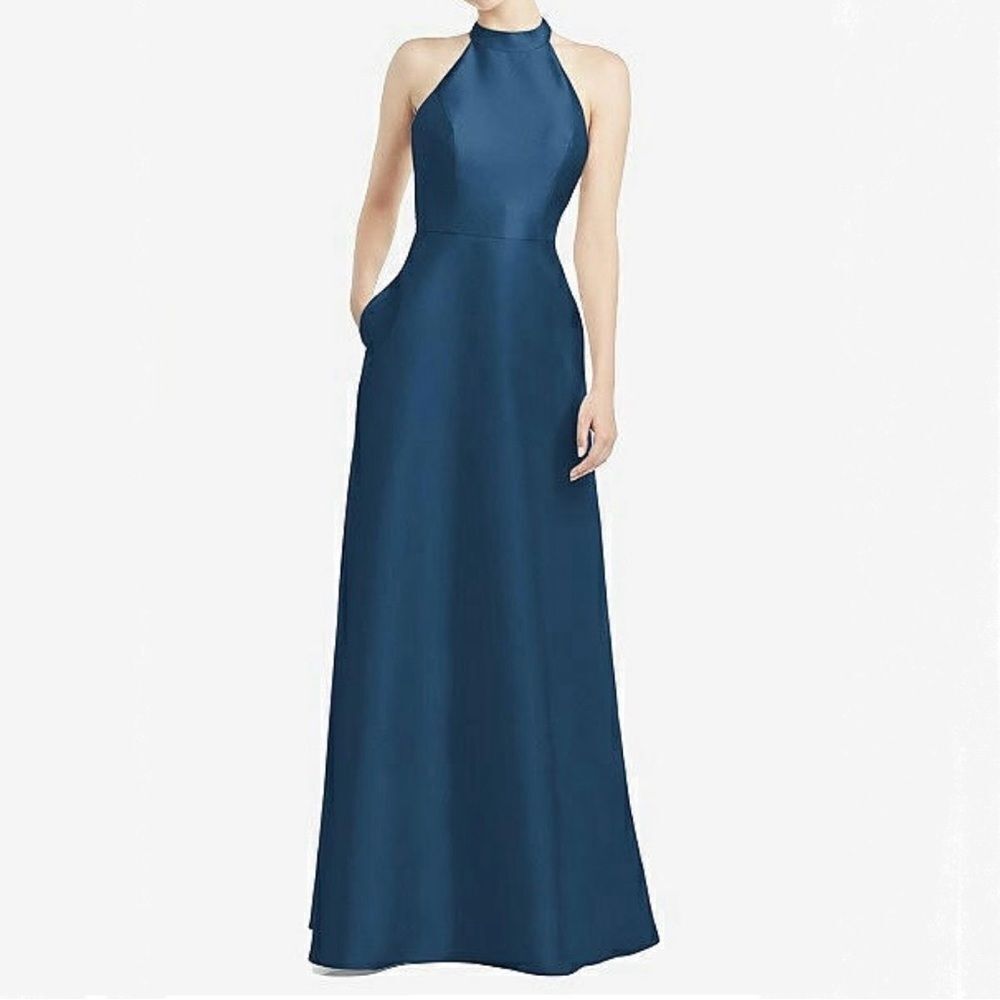 NWT Alfred Sung Dusk Blue High Neck Cut Out Satin Dress Size 6 - Picture 2 of 8